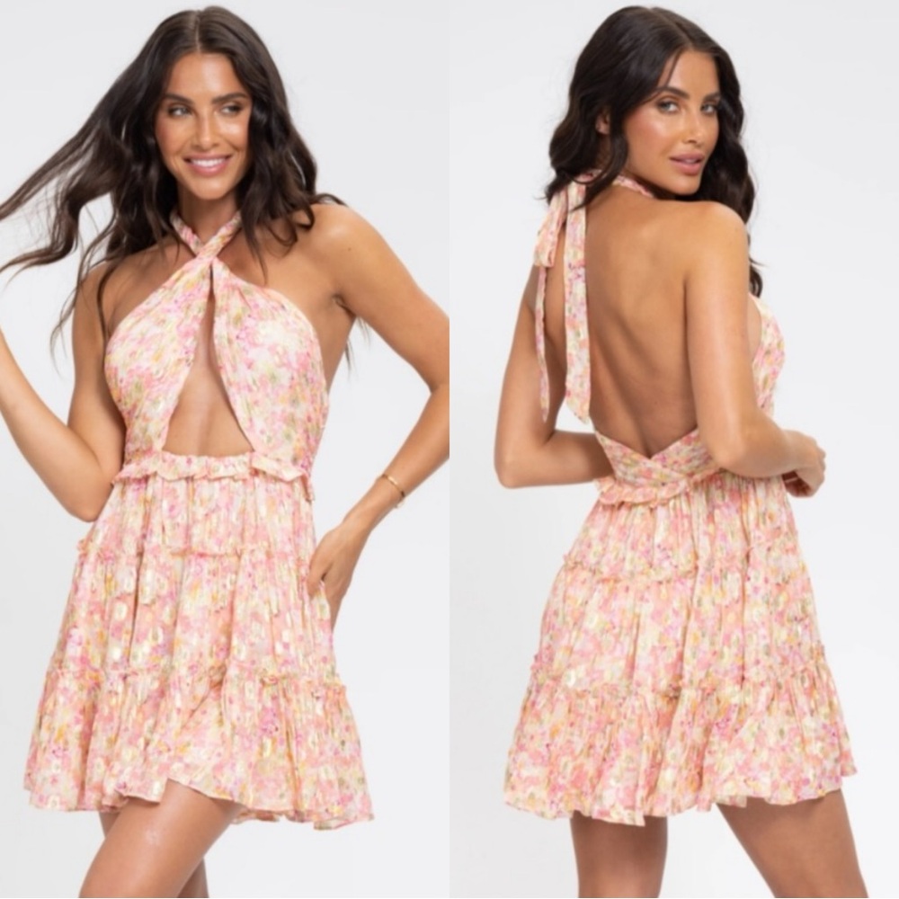 New Rococo Sand Faye Peach Mini Dress Halter Wrap Top Pink Floral Metallic Small